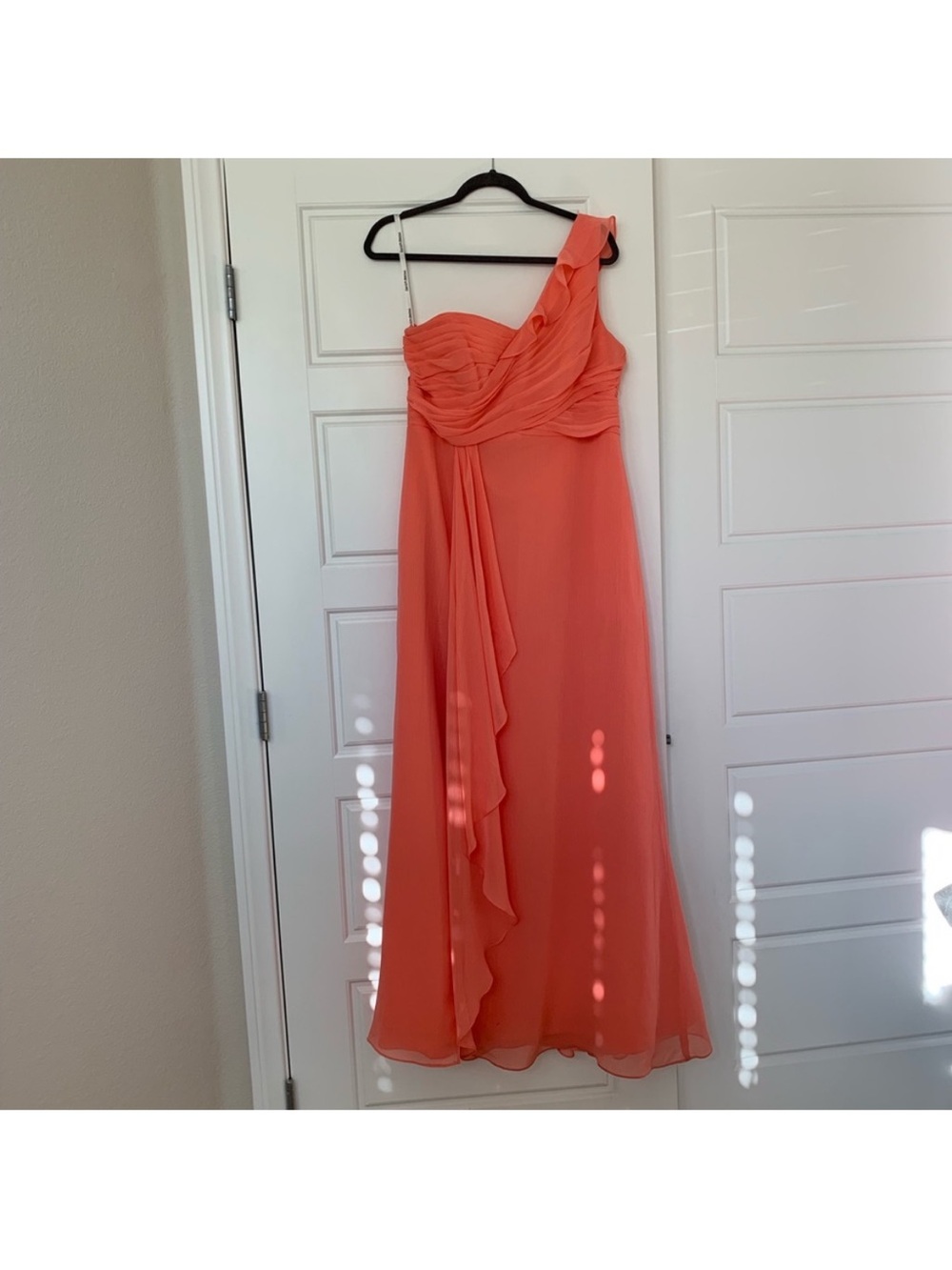 David's Bridal One-Shoulder Coral Chiffon Dress